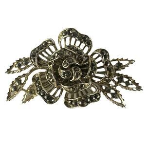 Vintage Signed Lisner Marcasite Rose Flower Leaf Costume Brooch Pin Silver Tone